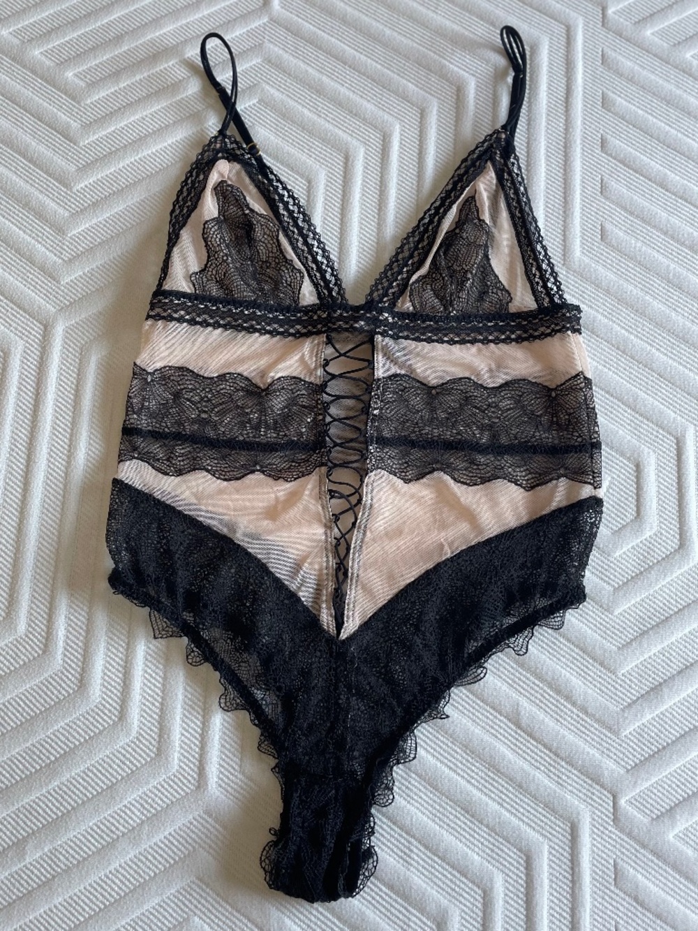 Victorias Secret, Nude and black lace, bodysuit with lace up detail, Small